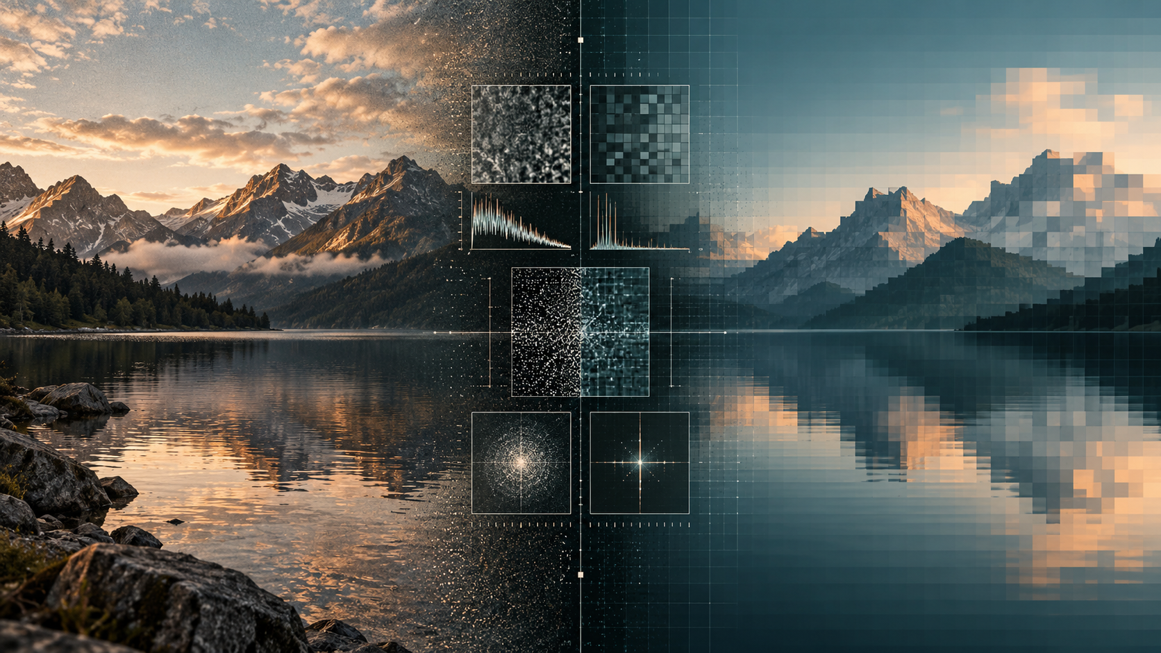 A camera-captured mountain scene transitions into a pixelated reconstruction, with statistical traces comparing the two image origins.