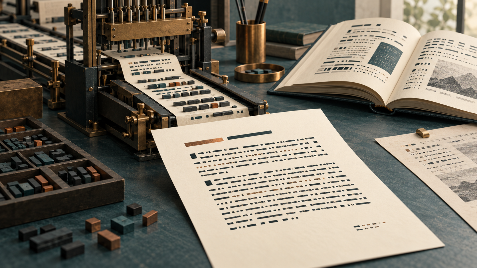 An editorial illustration of a printing mechanism assembling an answer on paper, with reference documents beside it.